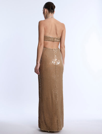 Sequin Cutout Halter Gown