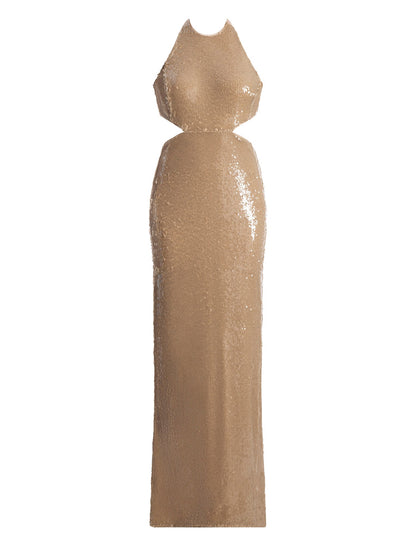 Sequin Cutout Halter Gown