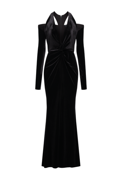 Long Sleeve Halter Velvet Gown