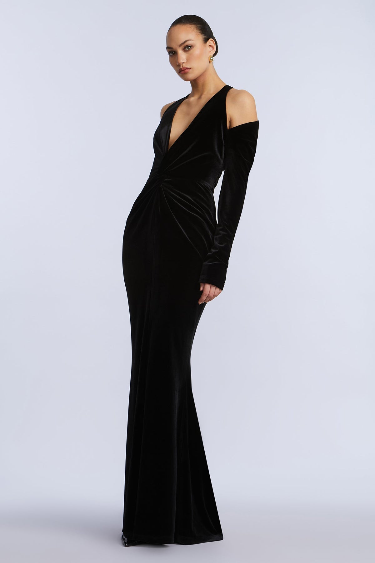 Long Sleeve Halter Velvet Gown
