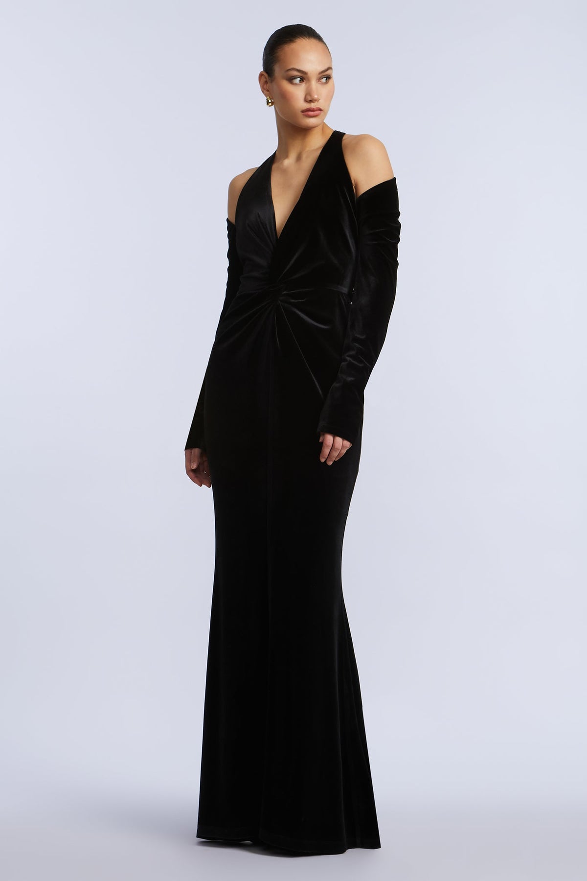 Long Sleeve Halter Velvet Gown